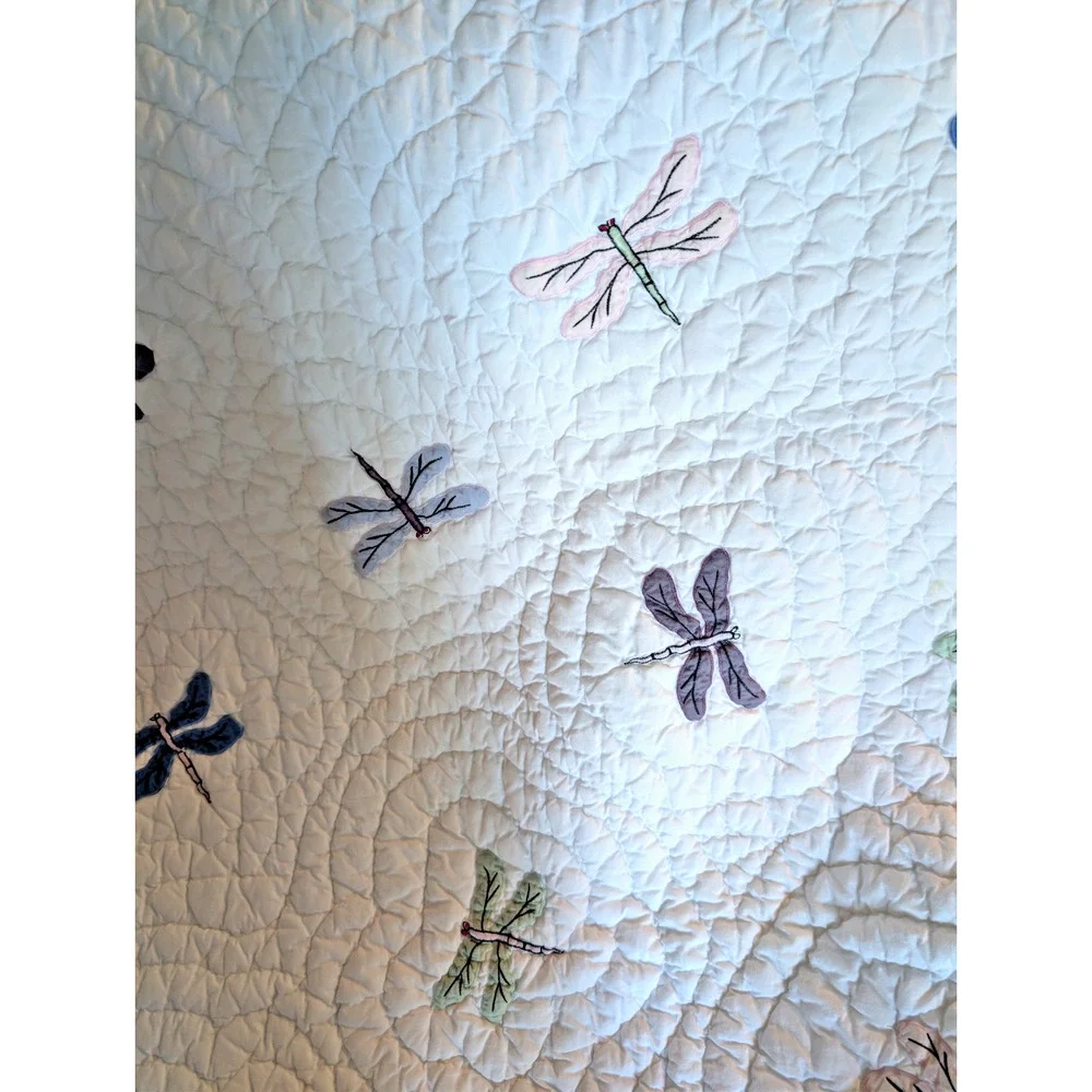 Dragonflies Baby Quilt White Lavender Blue & Green 42 x 51